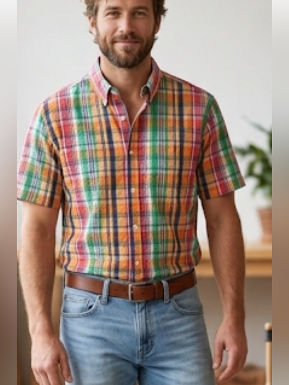 Scandia Woods Multi-Color Orange Plaid Short Sleeve Button-Up Shirt Large